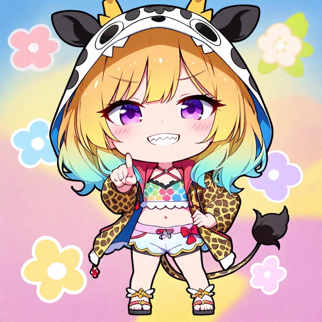 虹色カラフル背景のアニマル帽子ちびギャルちゃん