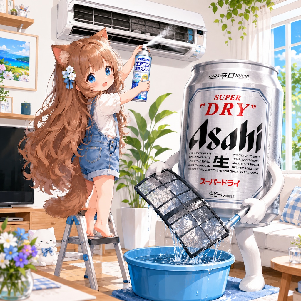 エアコン掃除をしている小さな女の子