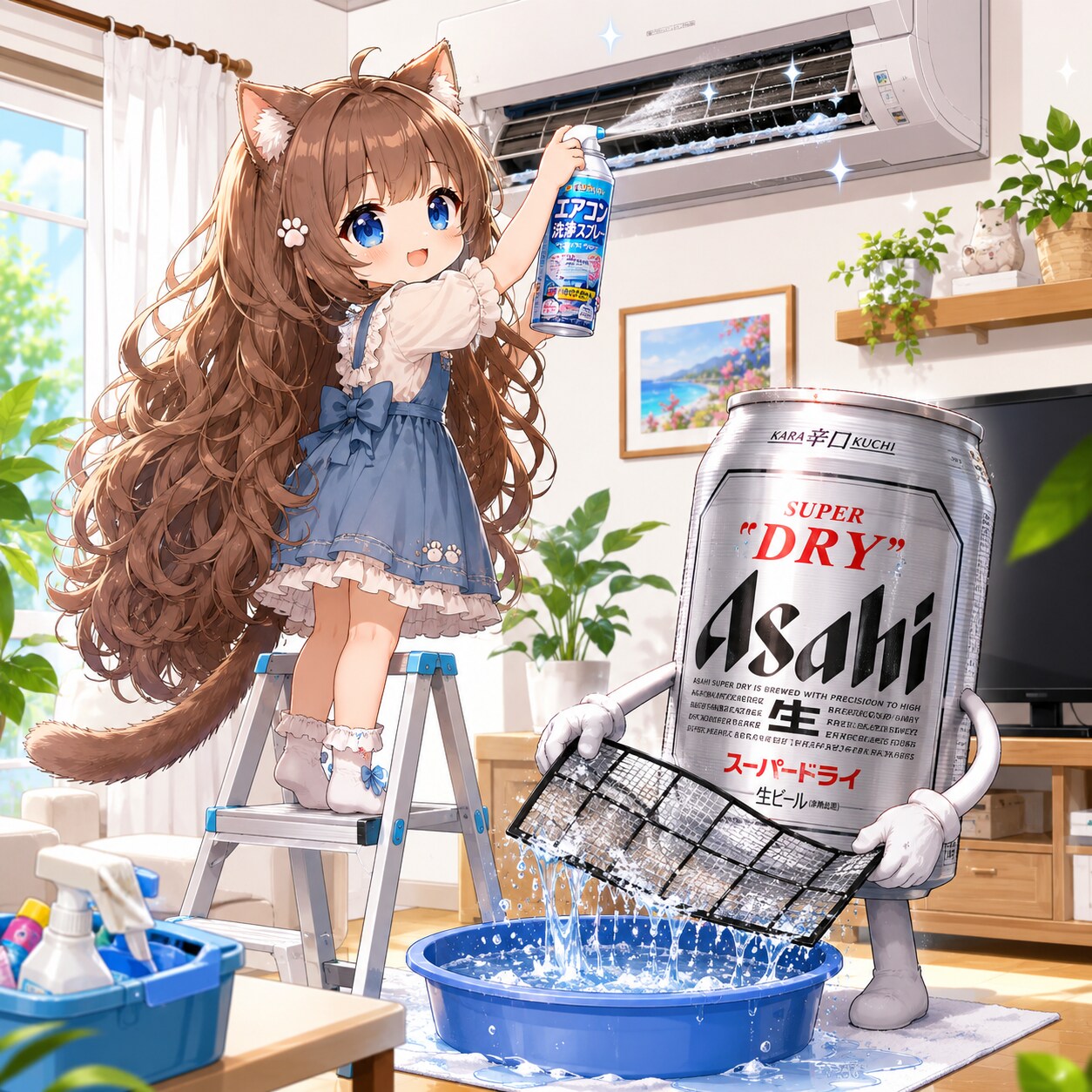 エアコン掃除をしている小さな女の子 | の人気AIイラスト・グラビア