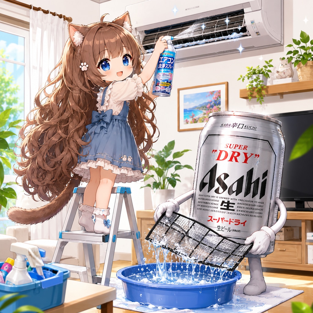 エアコン掃除をしている小さな女の子
