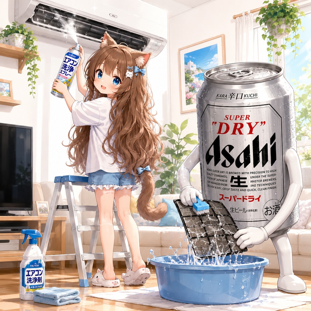 エアコン掃除をしている小さな女の子