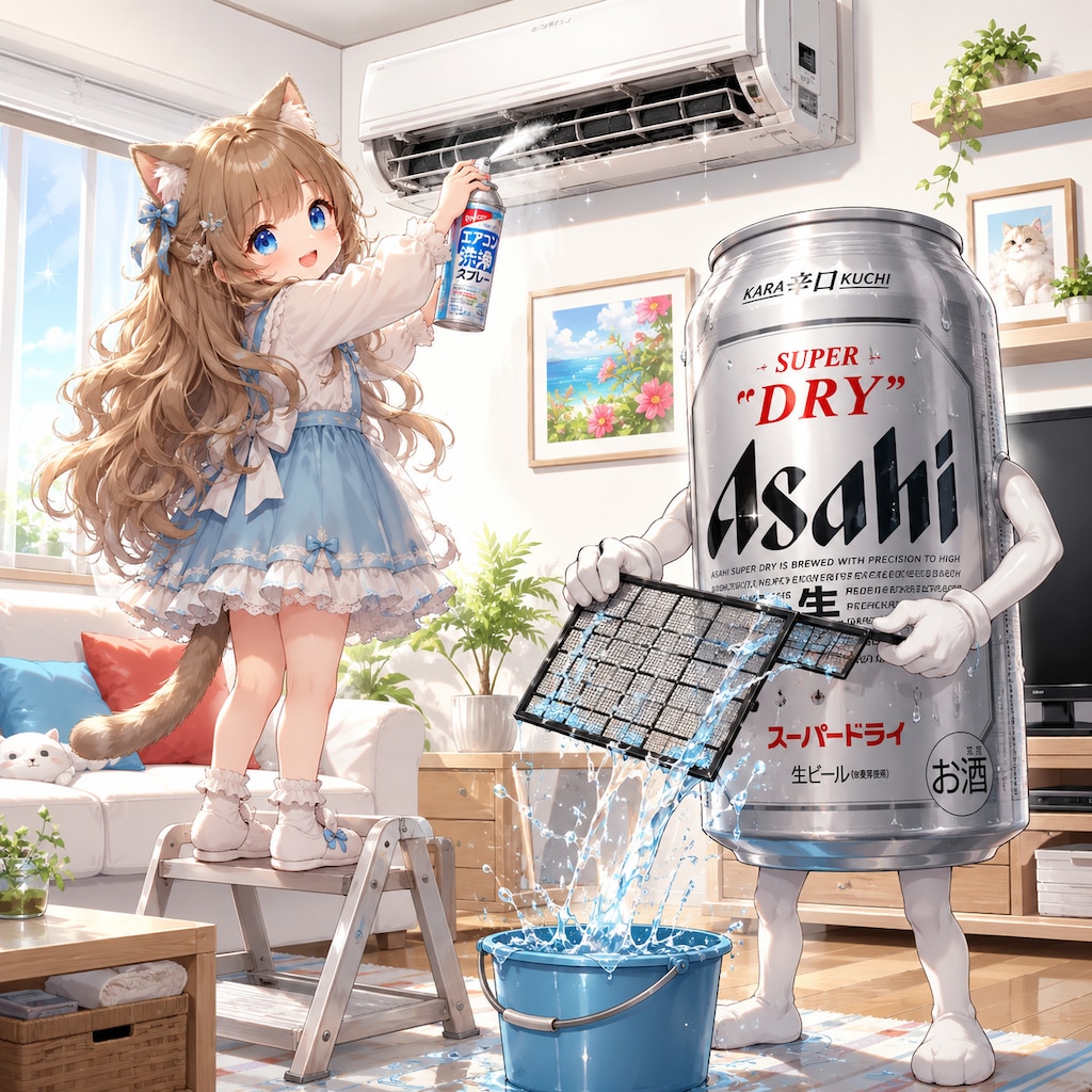 エアコン掃除をしている小さな女の子