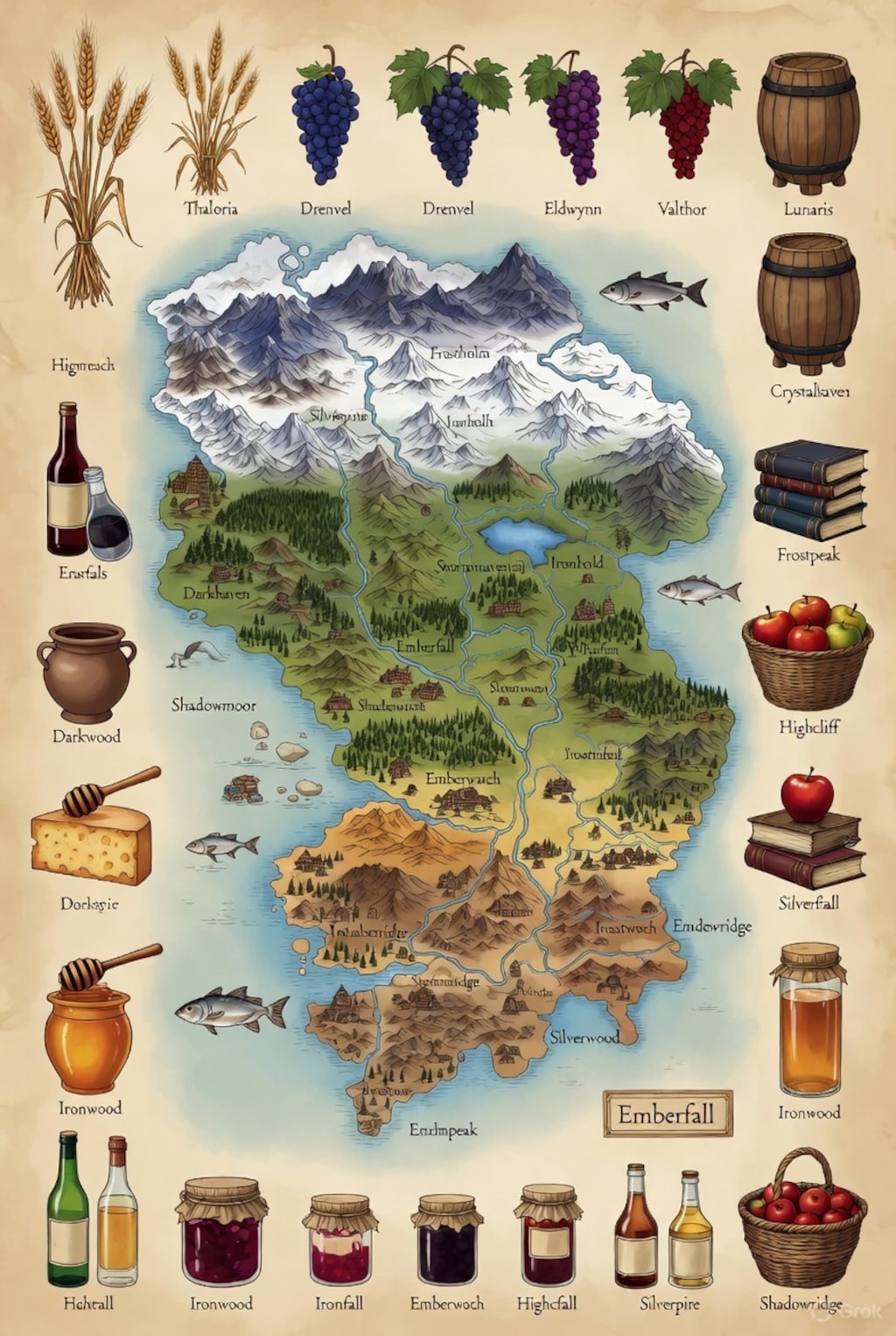 Grok先生の想像した異世界の地図、まわりに名産品と地名が描かれております。ワインとミードが大半を占めているようです。