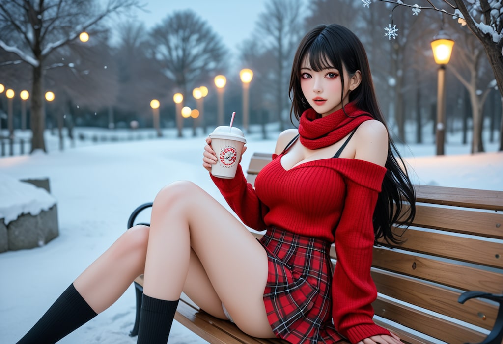 雪×赤ニット×ココア 最強の冬コーデ