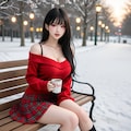 雪×赤ニット×ココア 最強の冬コーデ 2枚目