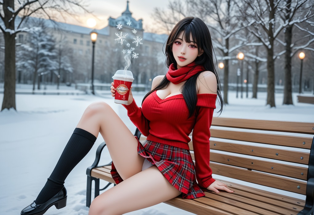 雪×赤ニット×ココア 最強の冬コーデ