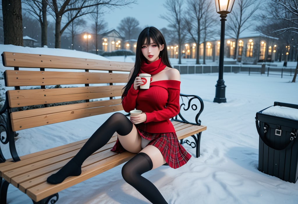 雪×赤ニット×ココア 最強の冬コーデ