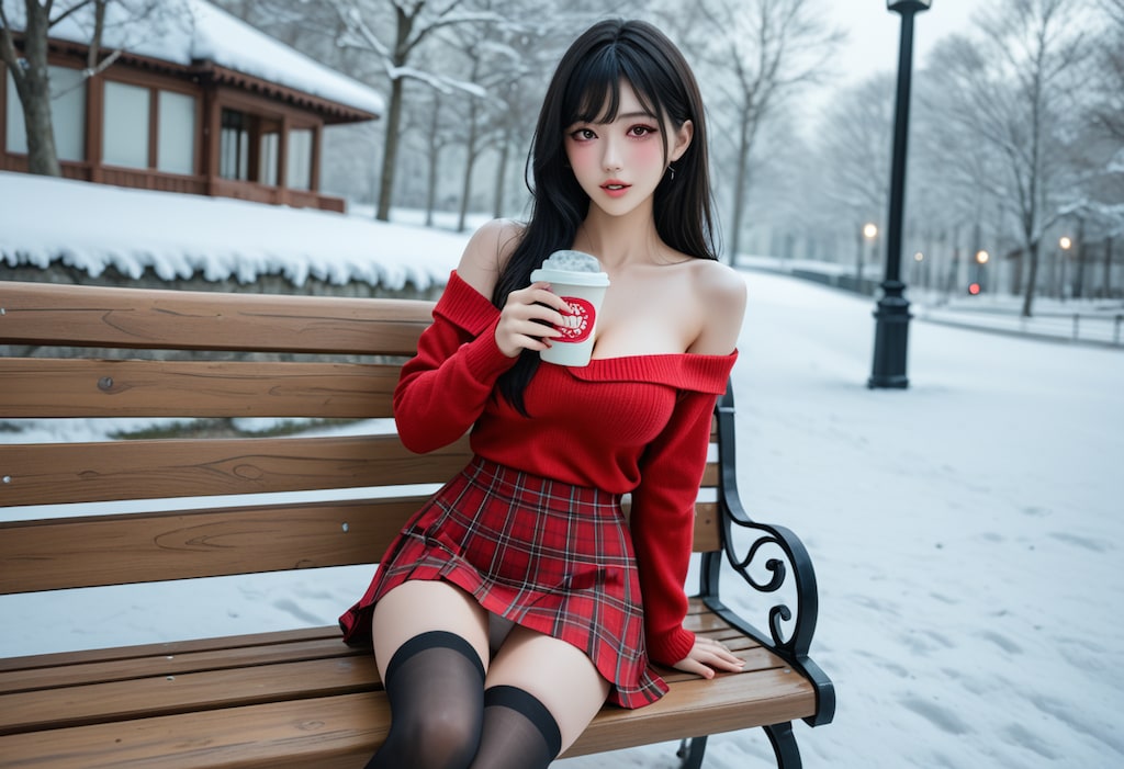 雪×赤ニット×ココア 最強の冬コーデ