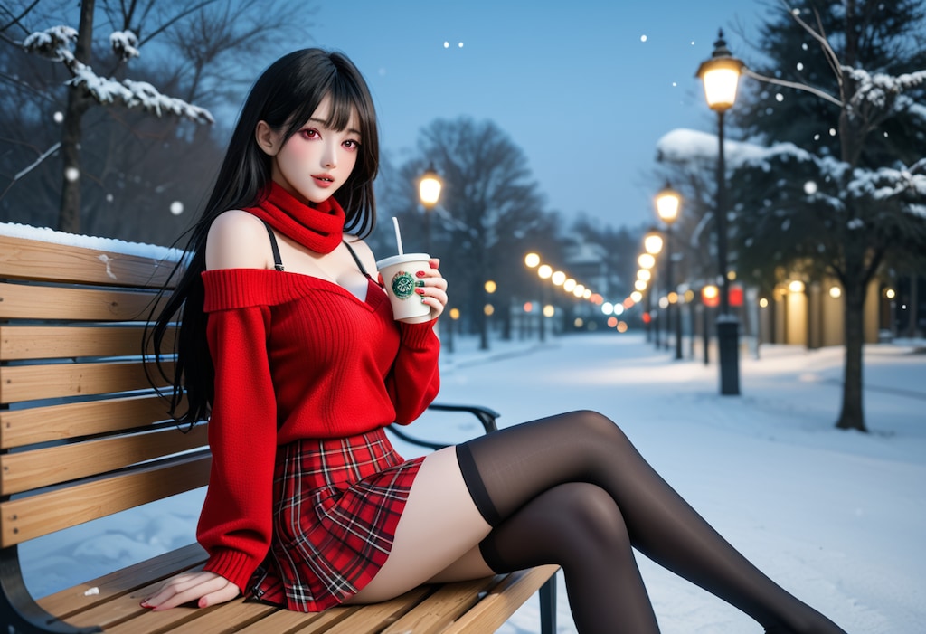 雪×赤ニット×ココア 最強の冬コーデ