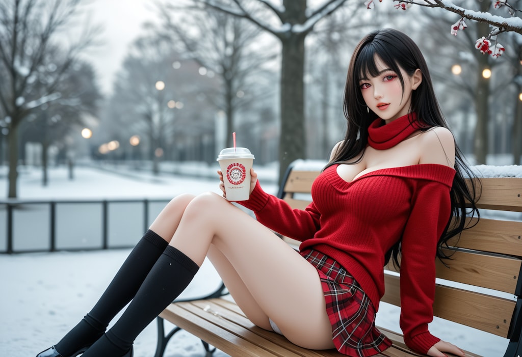 雪×赤ニット×ココア 最強の冬コーデ