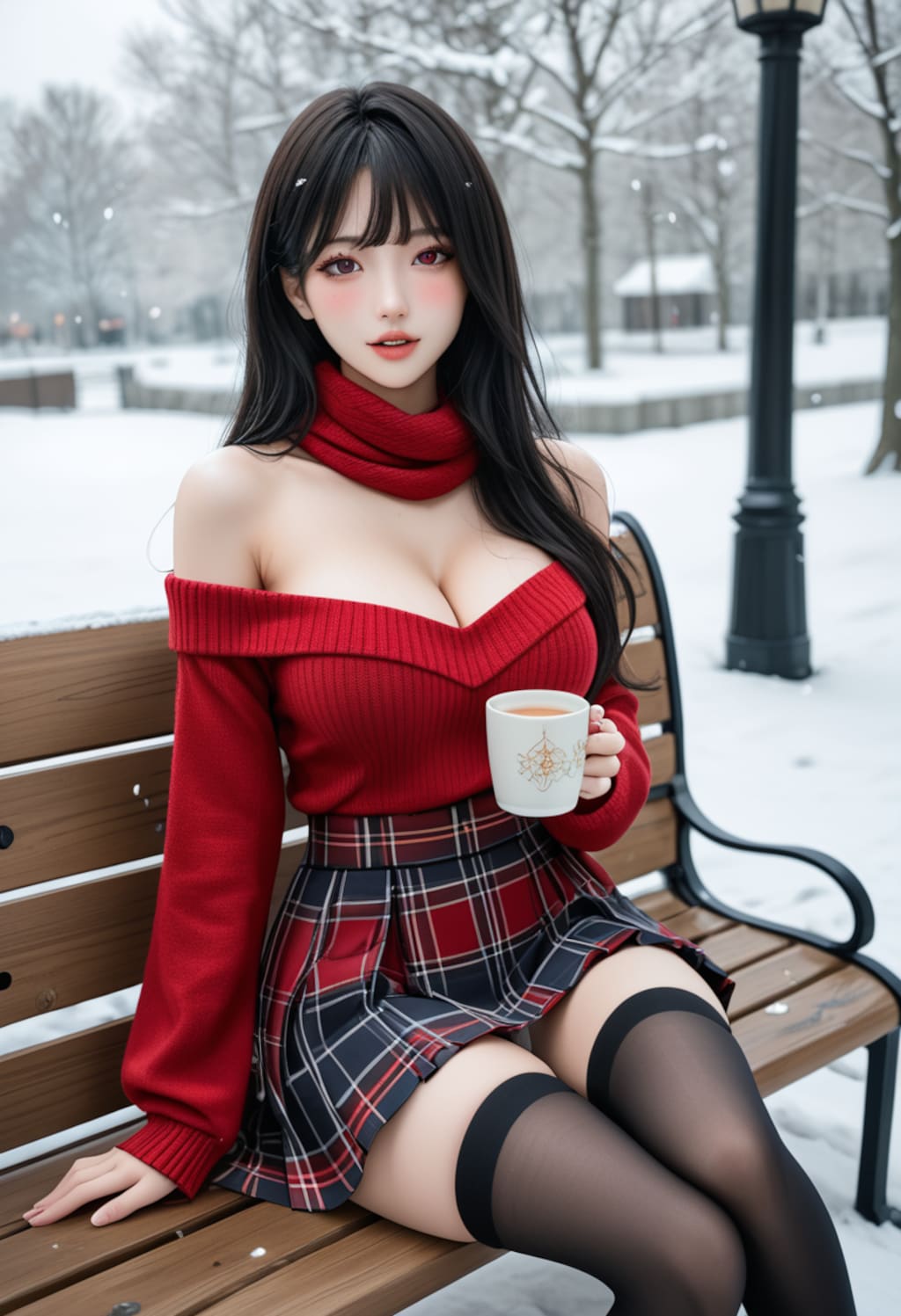 雪×赤ニット×ココア 最強の冬コーデ
