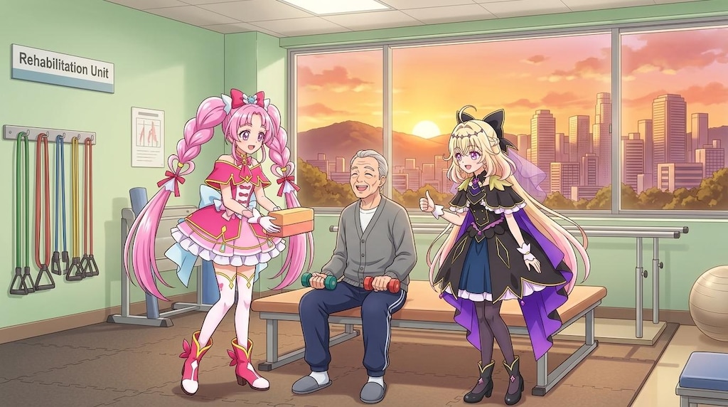 二人のプリキュア、リハビリルームで高齢者男性達に声をかける