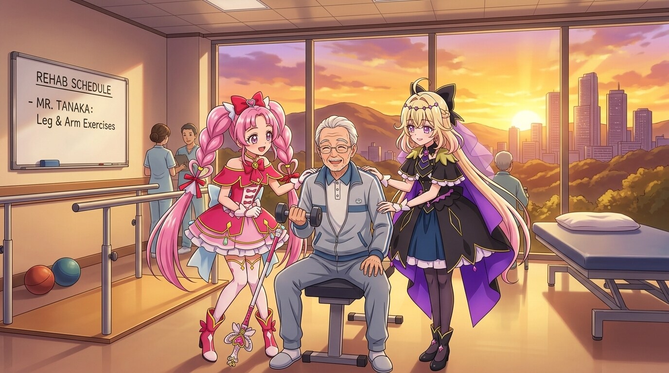 二人のプリキュア、リハビリルームで高齢者男性達に声をかける | の人気AIイラスト・グラビア