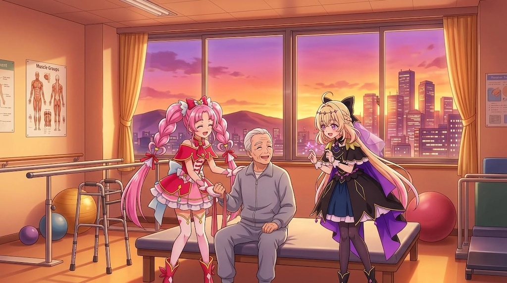 二人のプリキュア、リハビリルームで高齢者男性達に声をかける