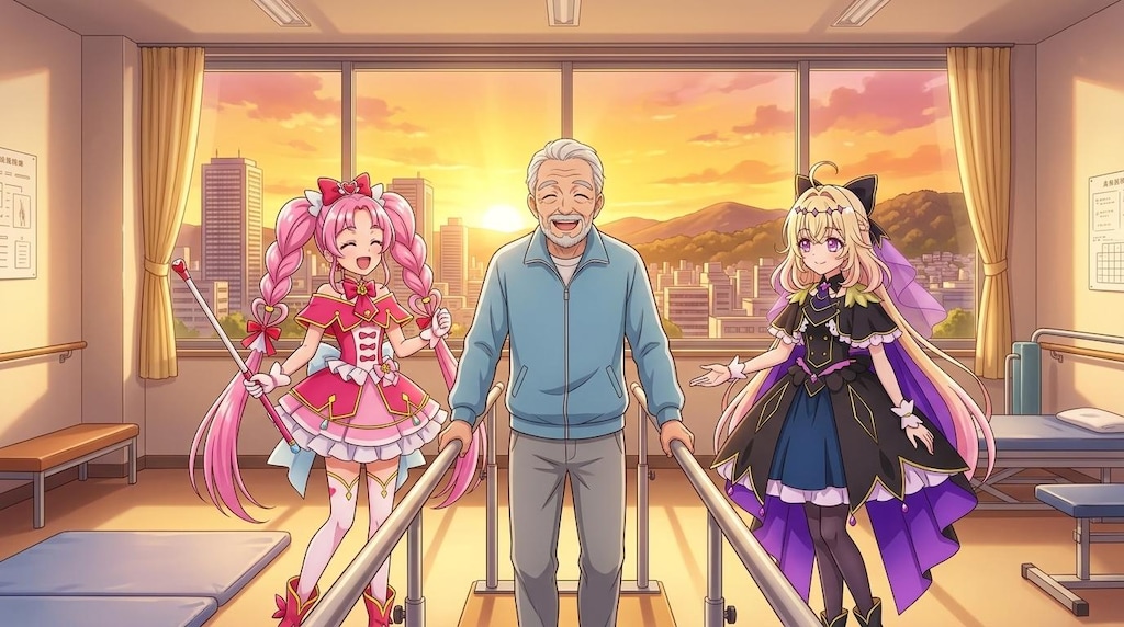 二人のプリキュア、リハビリルームで高齢者男性達に声をかける