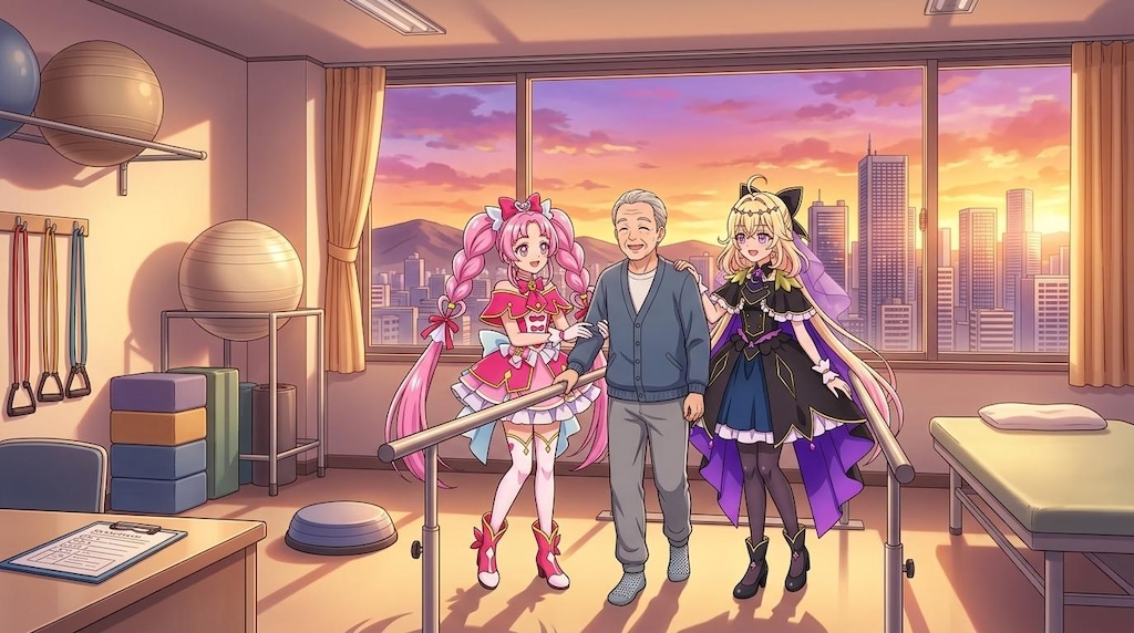 二人のプリキュア、リハビリルームで高齢者男性達に声をかける