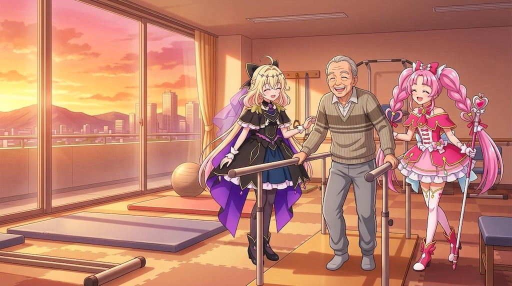 二人のプリキュア、リハビリルームで高齢者男性達に声をかける