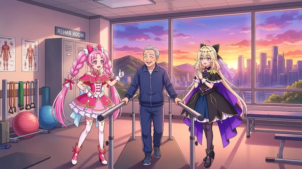 二人のプリキュア、リハビリルームで高齢者男性達に声をかける