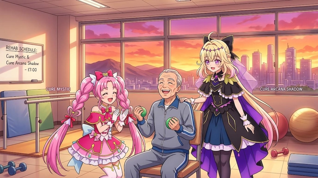 二人のプリキュア、リハビリルームで高齢者男性達に声をかける