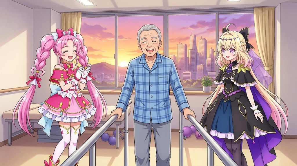 二人のプリキュア、リハビリルームで高齢者男性達に声をかける