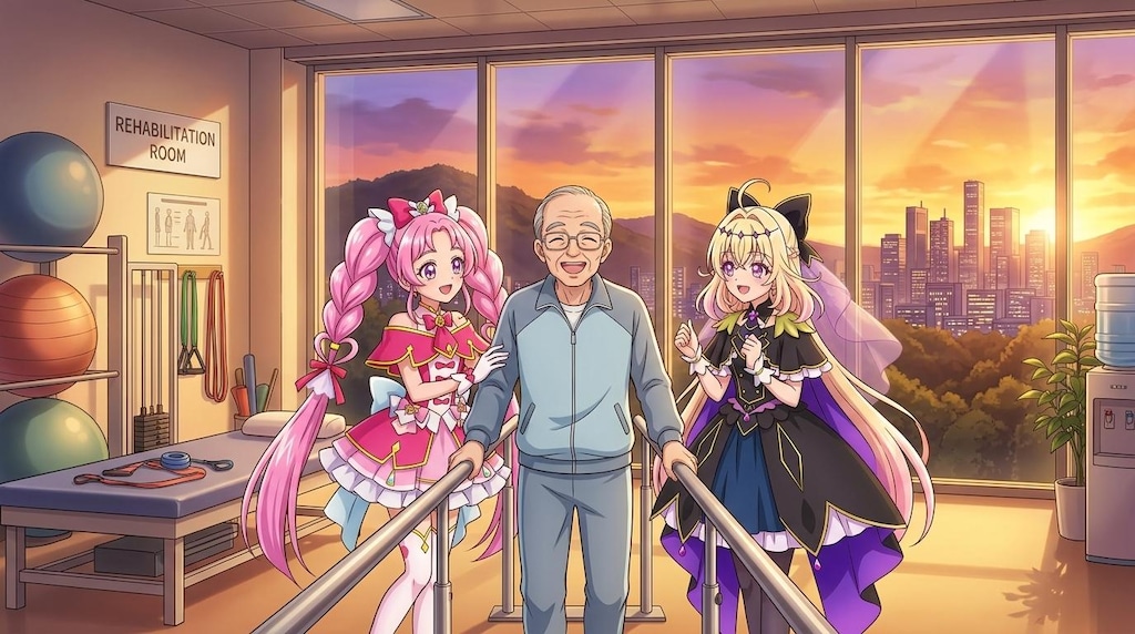 二人のプリキュア、リハビリルームで高齢者男性達に声をかける