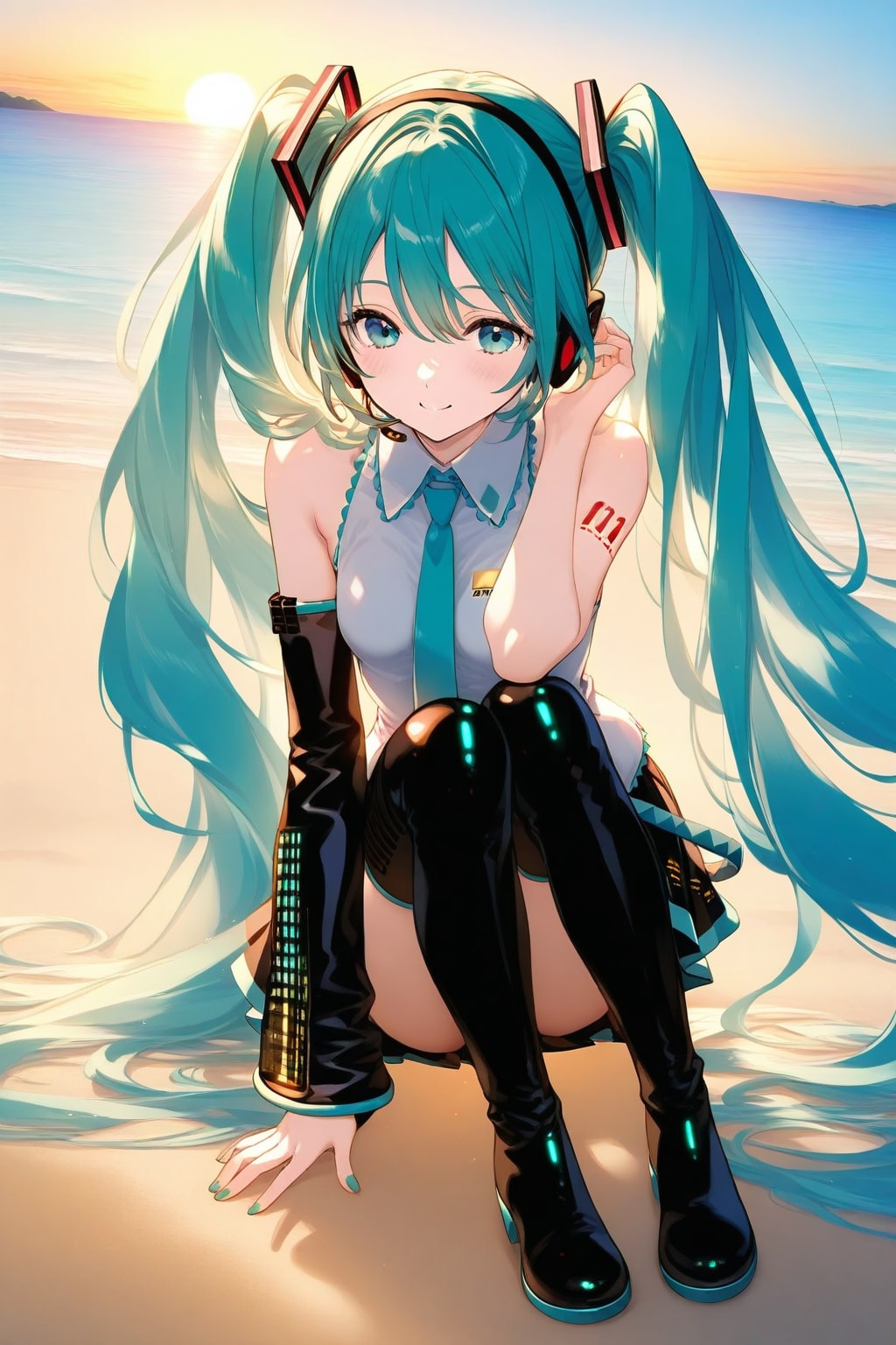 夕日のビーチとミク