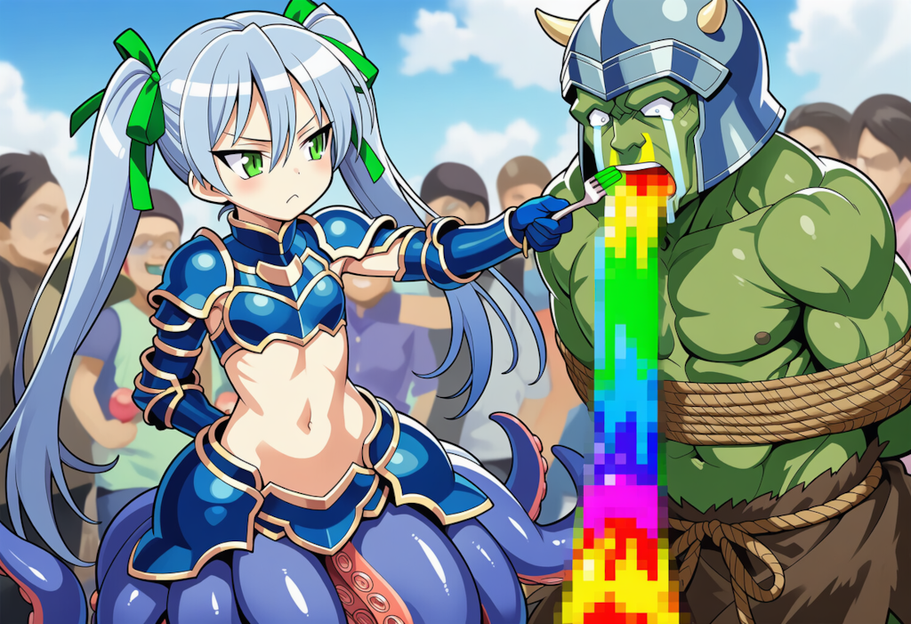 魔王軍の捕虜に食事を与えるたこ騎士さんご