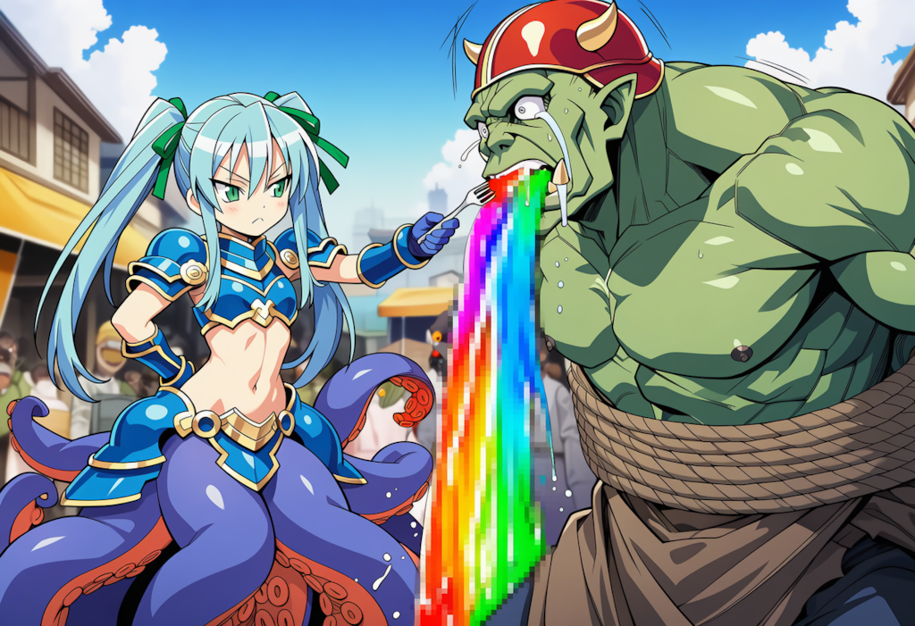 魔王軍の捕虜に食事を与えるたこ騎士さんご