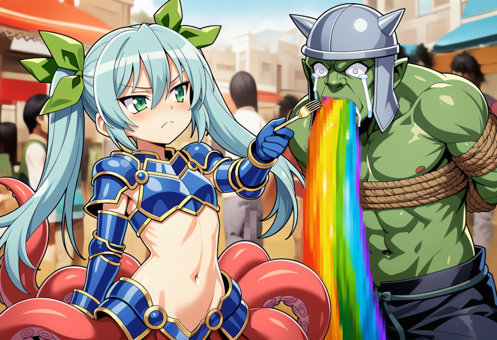 魔王軍の捕虜に食事を与えるたこ騎士さんご