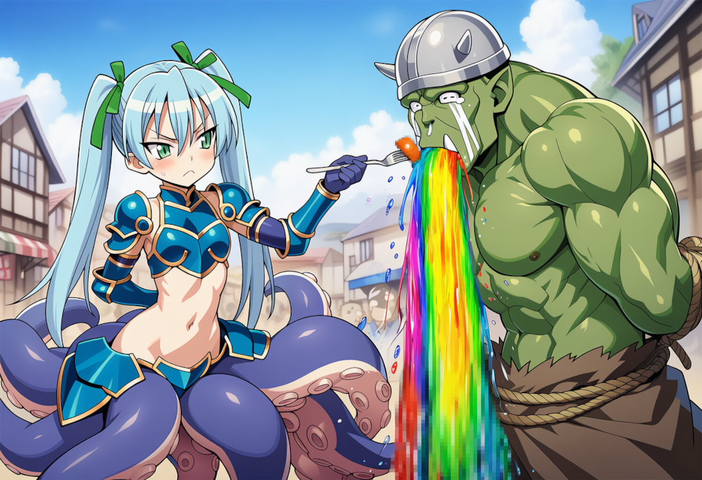 魔王軍の捕虜に食事を与えるたこ騎士さんご