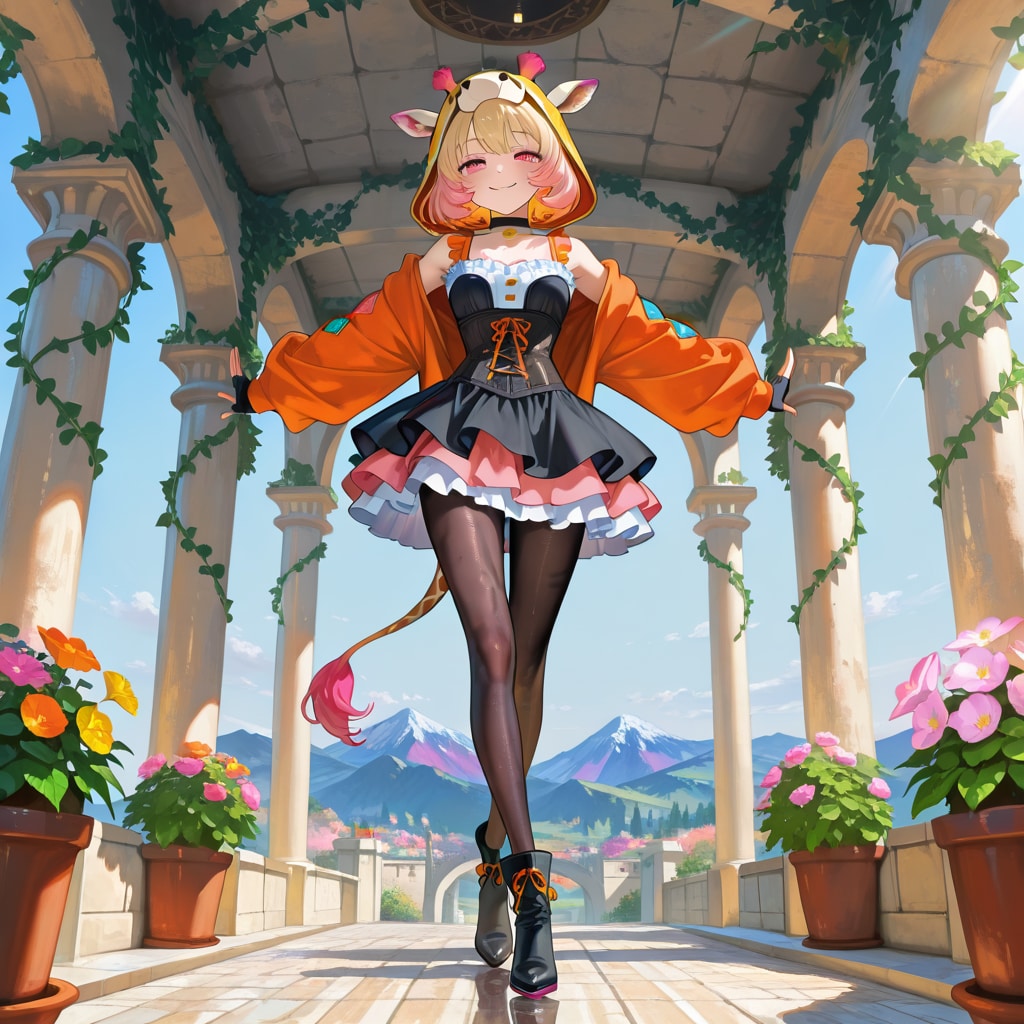 山岳地帯の石造りの回廊とキリンフーディーお姉さん