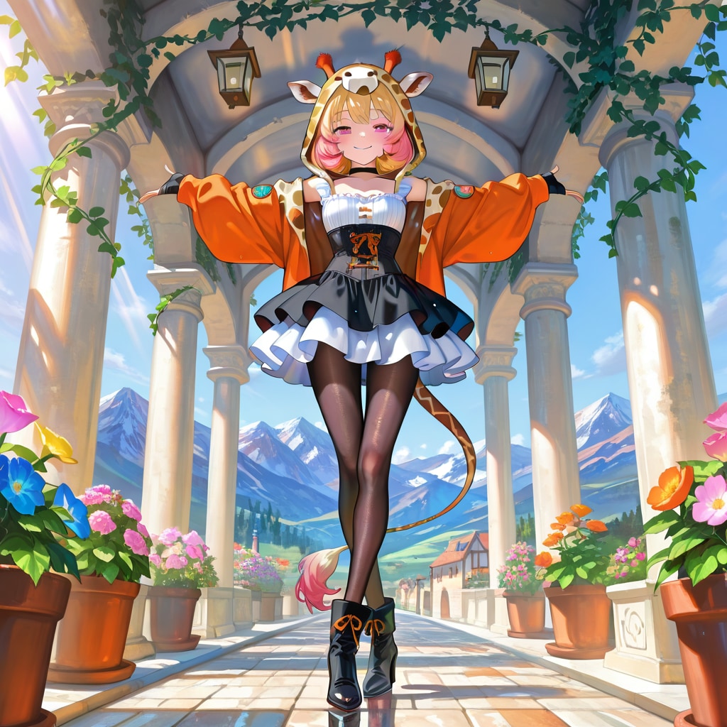 山岳地帯の石造りの回廊とキリンフーディーお姉さん