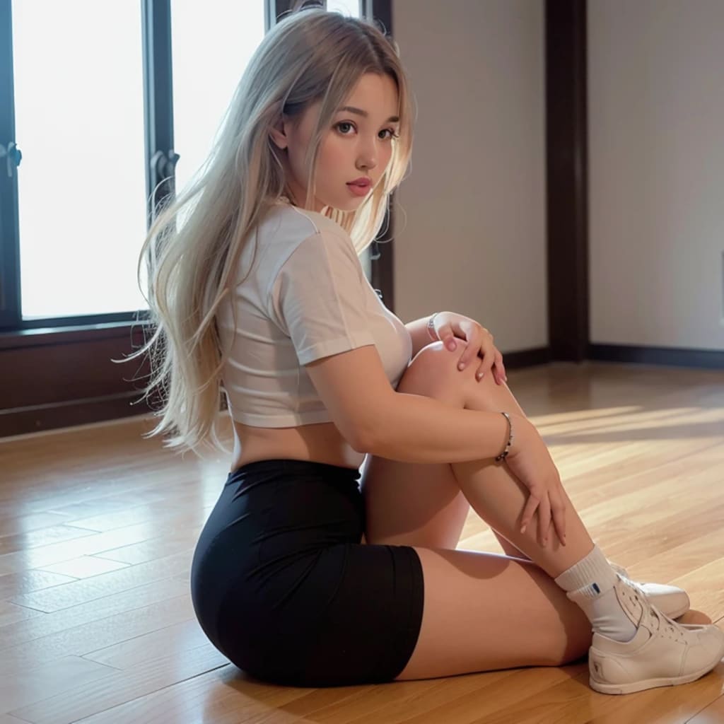 白髪ロングで体操服の美女