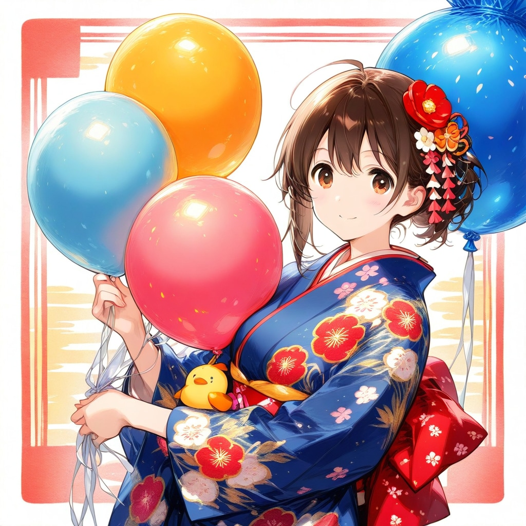 いっぱい巨大風船を持つブラウンお団子ヘアの着物美女。