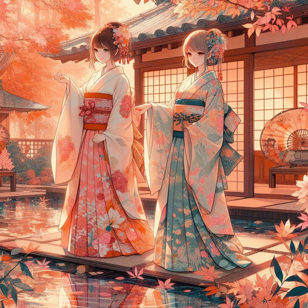 紅葉と十二単の和服姿