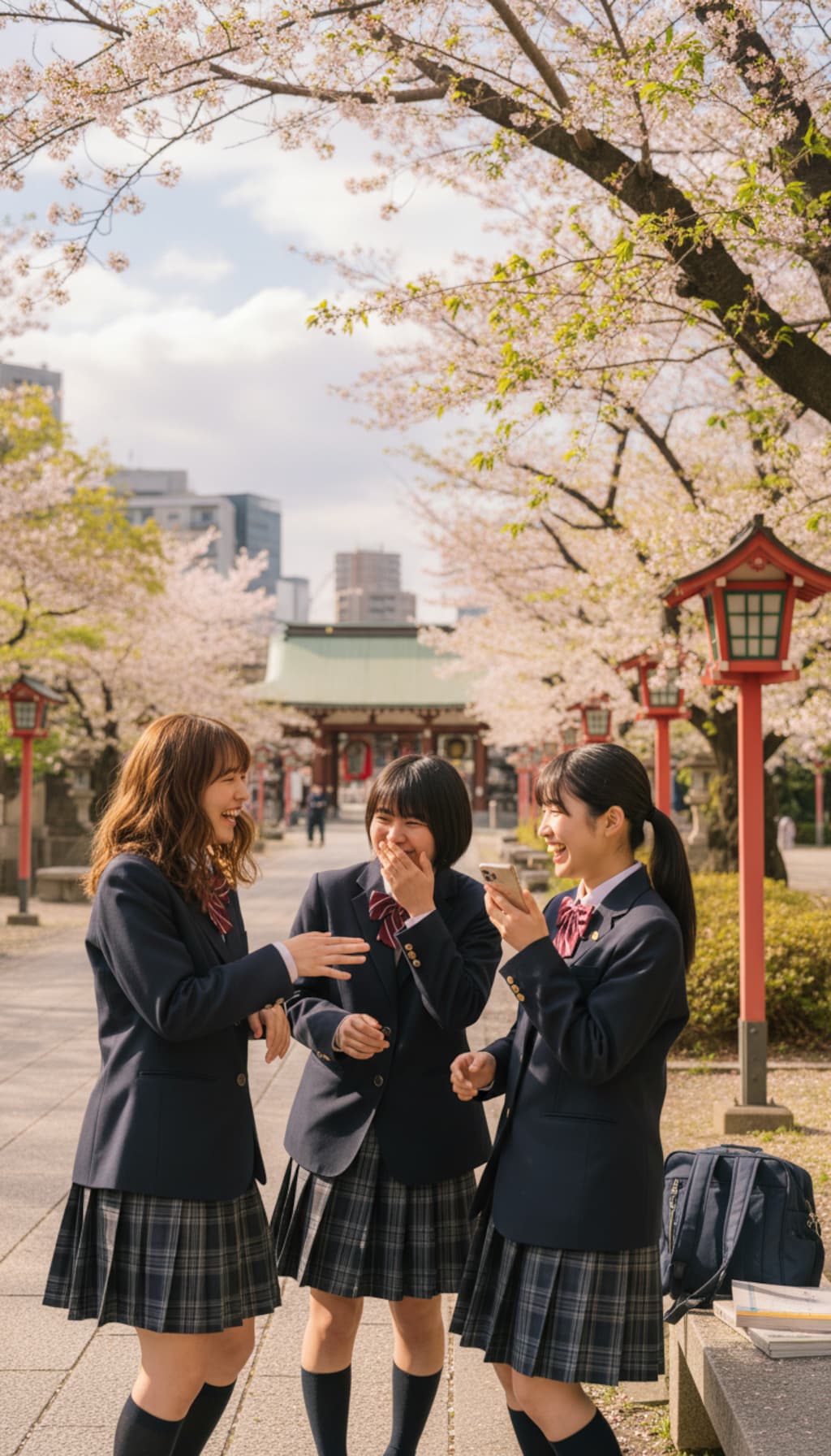 日本の女子高生が楽しそうに友人と話をしている様子の精細な写真