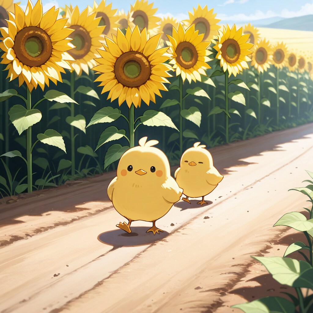 ひよこ達と向日葵