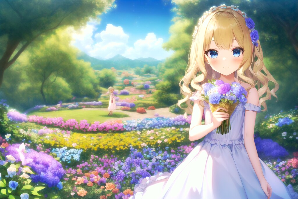 花とブロンド少女