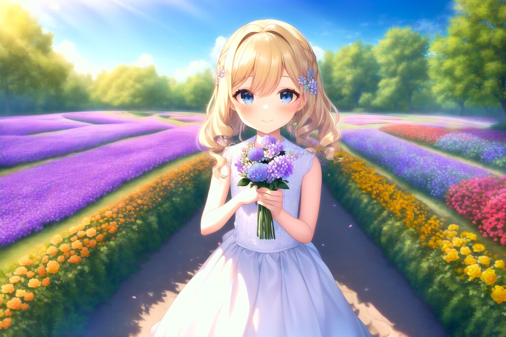花とブロンド少女