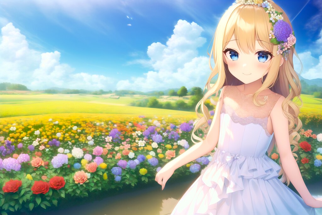 花とブロンド少女