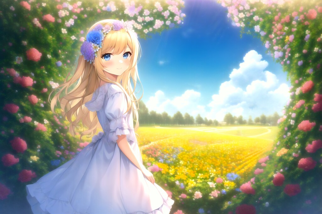 花とブロンド少女
