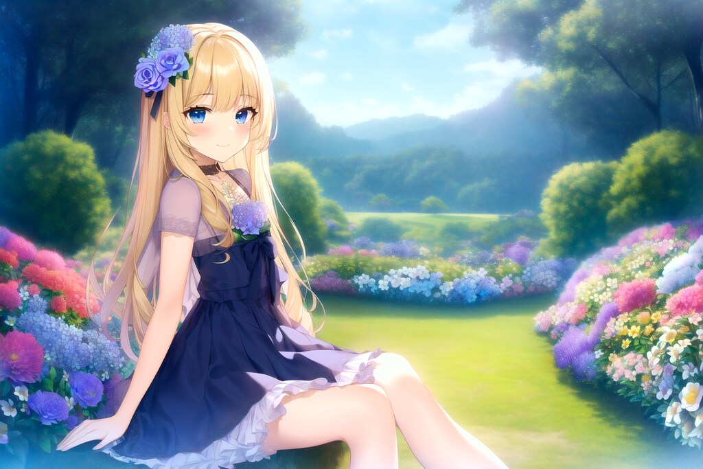 花とブロンド少女