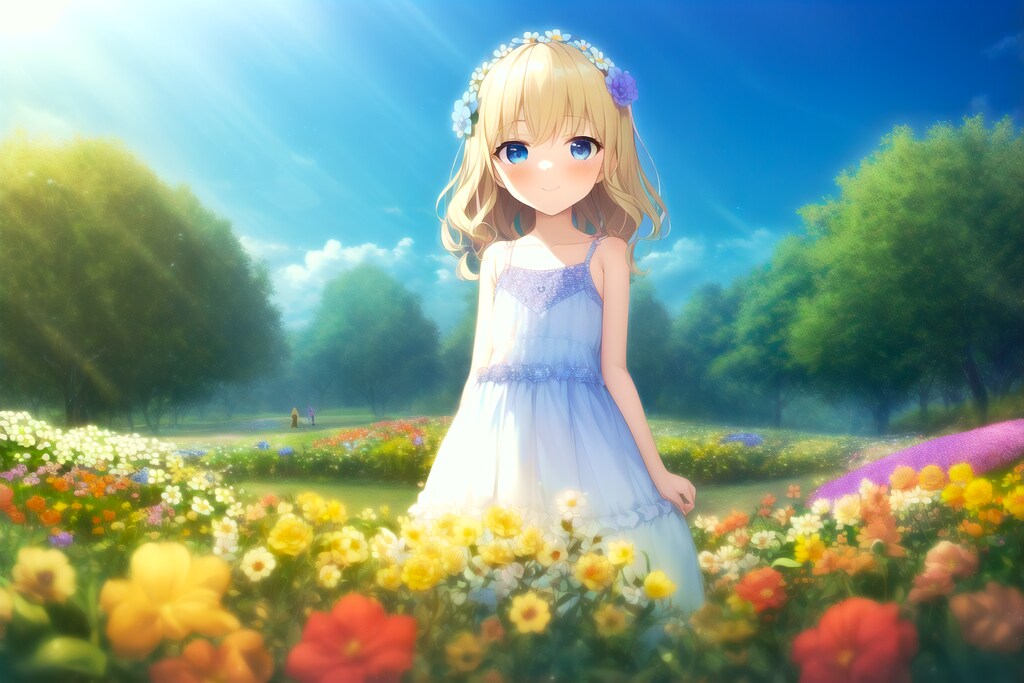 花とブロンド少女