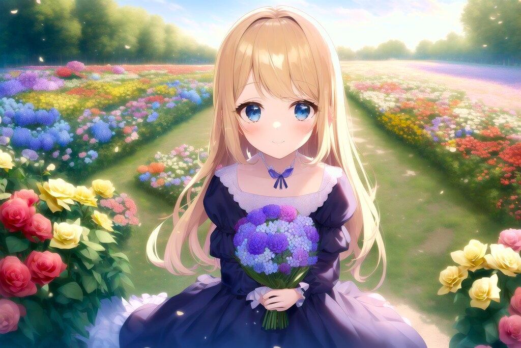 花とブロンド少女