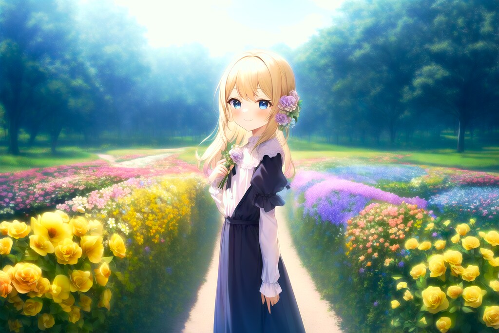 花とブロンド少女