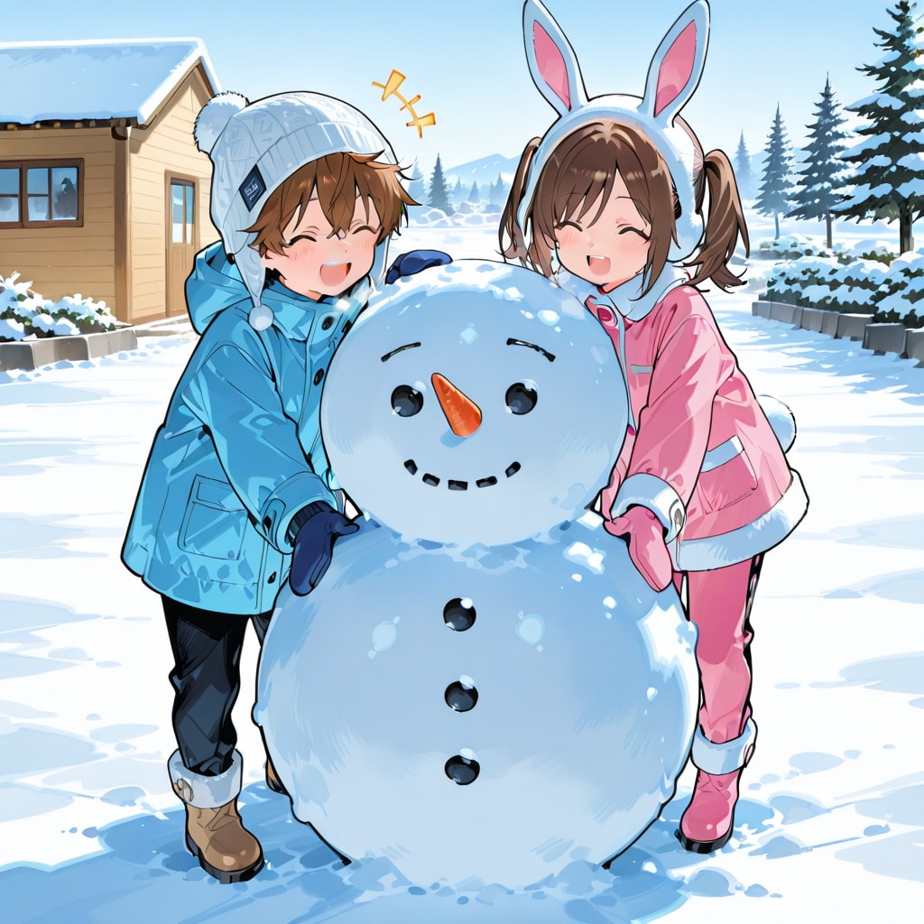 真っ白な景色と雪だるま