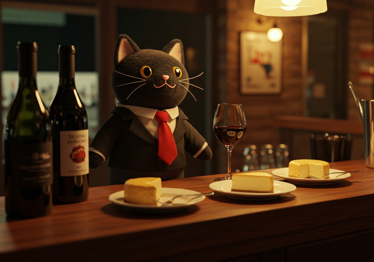 黒猫バーテンダーのチーズケーキとワインのセット | の人気AIイラスト・グラビア