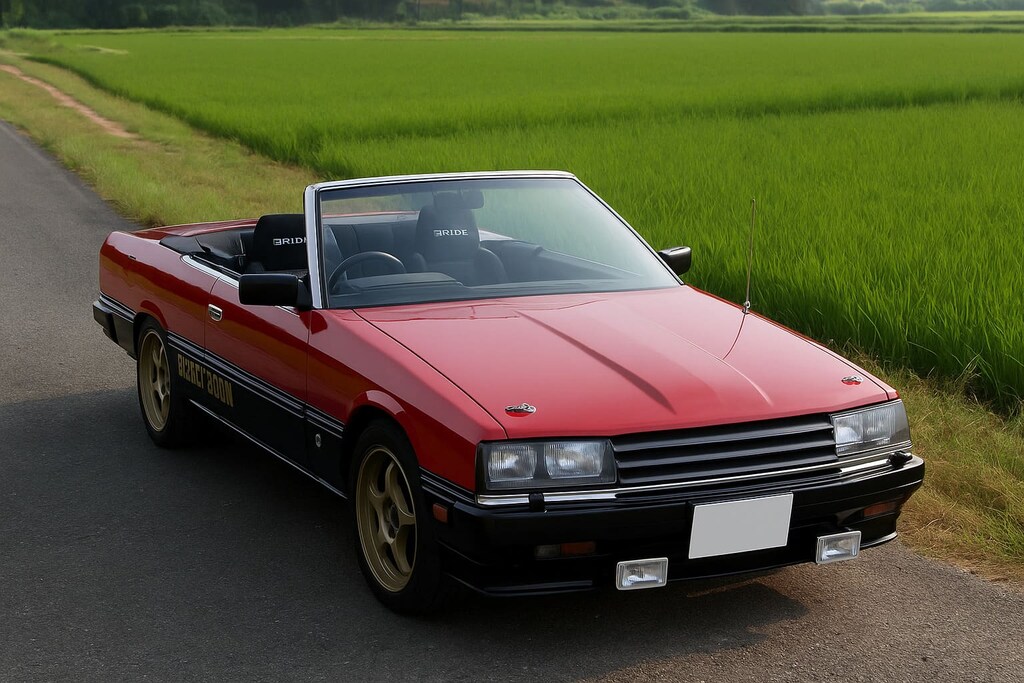 スカイラインRSコンバーチブル　背景は田んぼ道