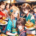 みんなでお皿に乗った料理を食べよう★（9枚）レトロモダン街シリーズ・その52 3枚目