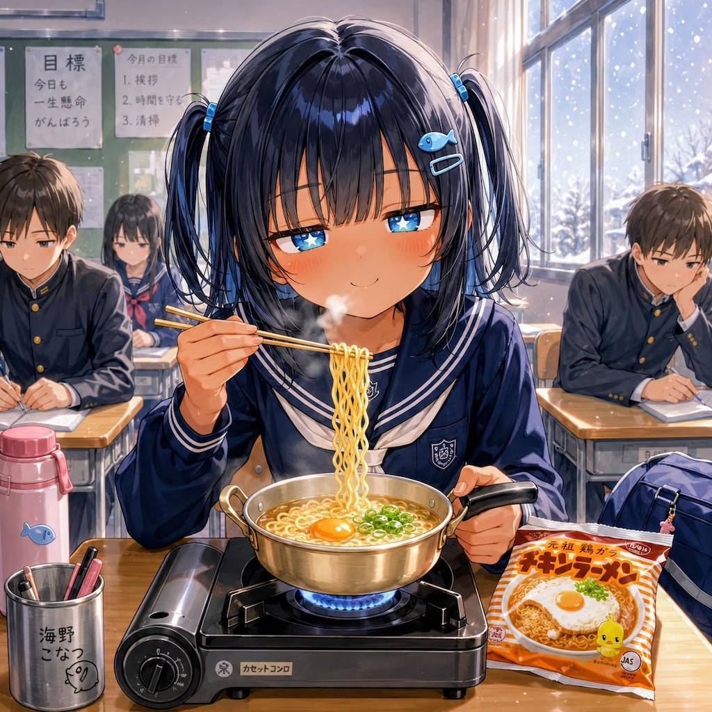 インスタント麺を食べるこなつちゃん